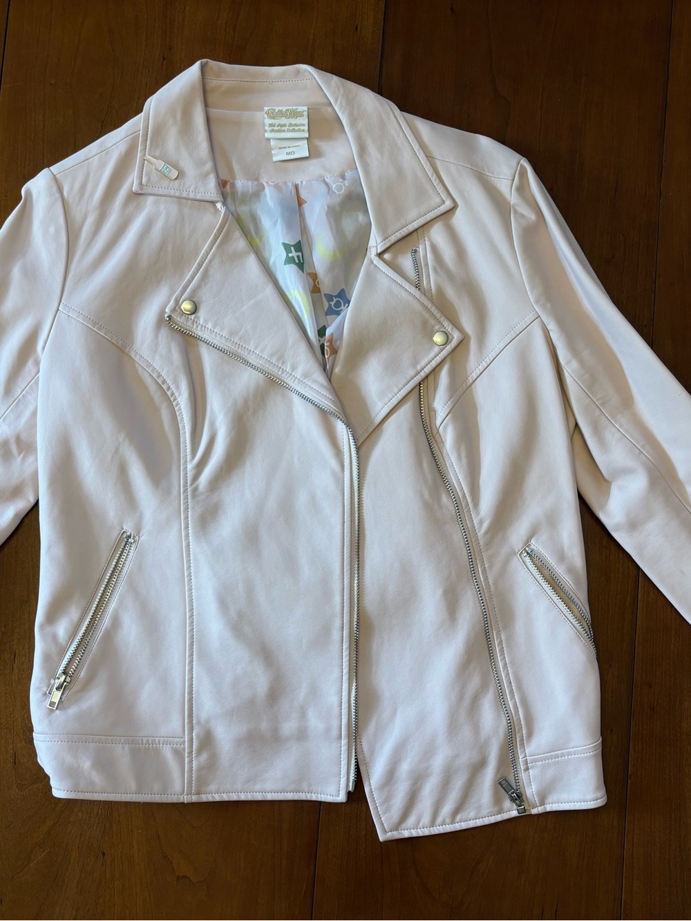 Women’s Light Pink Leather Moto Jacket with Silver Hardware